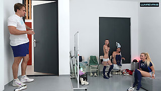 Locker Room After Football - Three Girls Share One Cock & Get a Creampie