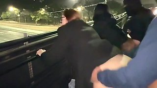Slutty chick Bella has sex with three strangers on the bridge in public