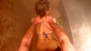 New couple sneaks into a sauna toilet for some hardcore fun