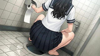 A female student squatting down in the bathroom, exposing her big butt