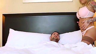 Busty light-haired gives a deep blowage while flashing off