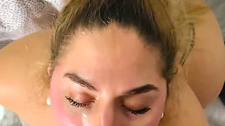 Beautiful big ass college blonde gives her boyfriend blowjobs in several places
