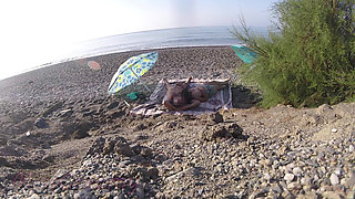 Exhibitionist Wife Outdoor Amateur MILF Blowjob & Handjob Big Cock on Nudity Beach in Front of Follower with Cum