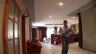 Wife shares big cock and thick cum of husband generously with the maid at home