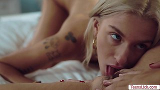 Teenager ash-blonde sits on stepsisters face