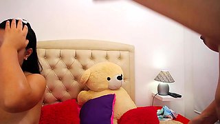 Busty curly brunette with big boobs fucks on couch