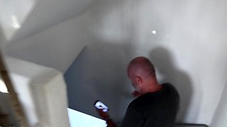 Busty curly brunette with big boobs fucks on couch