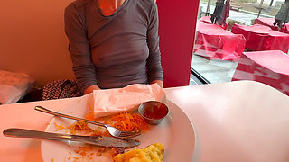 Having lunch in a restaurant wearing totaly sheer top exposing my pierced nipples and sexy boobs