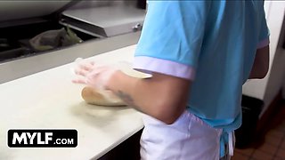 Mylf - big titted blondie milf Nina Elle whips her massive hooters out and makes teen stud cover them in jizz