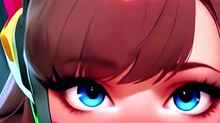 D.va Gushes with Sensation in Ahegao, Dribbling From Her Gullet as She Rubs Her.