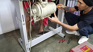 Pumping Sewing Machine Pedal Into Underwear While A Man Repairs It