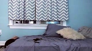 Busty curly brunette with big boobs fucks on couch