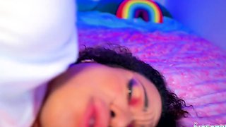 Ebony cutie lets horny stepbro creampie her teen pussy