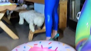 Dominant MILF in Shiny Leather Pants and Glossy Downjacket. Blowjob, Cameltoe, Cum Play and Inflatable Destruction