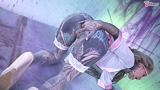 Tattood Girl with Glasses and Buttplug Fucks a Tattooed Dick, DP, Facial