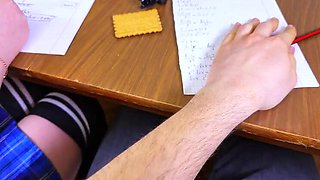 Schoolgirl Jerks Big Cock Under Math Class Table - Public Handjob & Cumshot in 4K