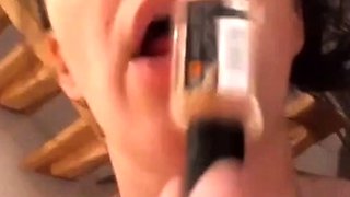 Big-Tit Brunette Gapes on Webcam with Dildo