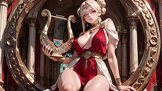 Blonde Goddess in Red! Forbidden Gaze in the Ancient Corridor, Deep V & High Slit teasing you.