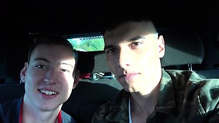Two Muscular Teen Guys Hot Blowjob Action In Car