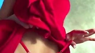 Brunette enjoys the toy on gaping pussy while masturbating