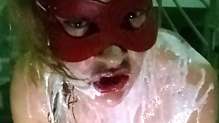 Milk enema for dirty slut on the stairs