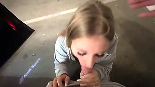 Blonde teen stepsister gets creampied by stepbro in parking garage - POV fuck