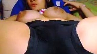 Glamour babe with big boobs masturbates in lingerie
