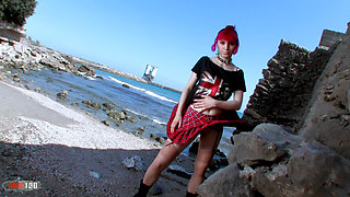 Lola Punk: Great Teen Redhead Lola Punk Doing a Strip in the Rocks