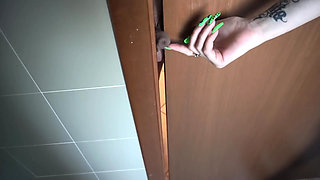 Femdom crazy chick punishing his cock on the door