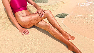 918 Gold Spandex Pantyhose and Link Swimsuit on the Beach