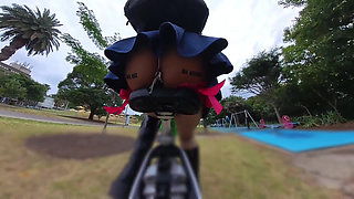 Exhibitionist Walking and Riding with Butt Plug, Red Garters and Dildo