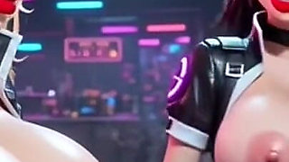 Two Cute Women Working at Cyberpunk Corner, Ai Animation