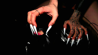 Femdom Mistress Long Nails Makes Her Caged Slave Lick Her New White Nails And Spits In His Mouth
