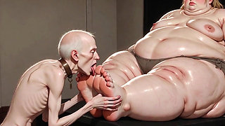 Thin Slave Boy Licking Huge SSBBW Mistress Soft Feet