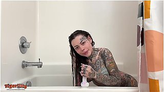 Tattooed Milf With Big Tits & Split Tongue Masturbating In Shower Until She Squirts