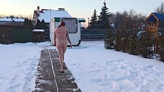 Busty Redhead MILF Femdom Pissing in Snow - Makes Guy Eat Yellow Snow Naked