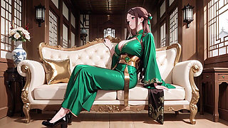 The Black & Gold Qipao Lady Kneels in the Wooden Corridor, Playing with Her Hair Bun, Sunlight Hitting Her Skin