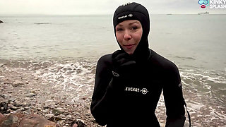 Begging to Be Tied up in 8mm Beuchat - Wetsuit Girl Struggles at the Shoreline