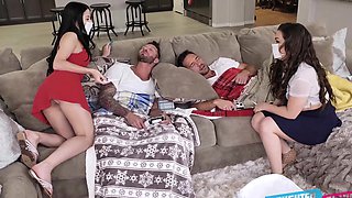 Brunettes unite for a wild four-way with Johnny at the helm