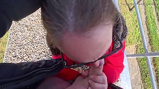 Glasses MILF Saskialove87 Deep Throat Blowjob Outdoor - German Amateur Housewife Swallows Cum