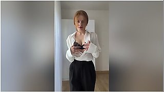 Hot Milf Secretary Slowly Striptease Showed Big Boobs And Hairy Pussy