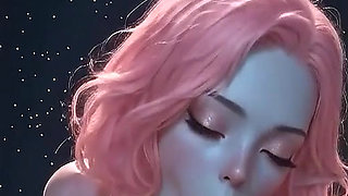 Pink-haired AI elf gives a blowjob, does a titjob, rides cowgirl-style, and ends up with cum dripping from her mouth
