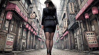 A young Japanese woman urinating in a men's restroom and on the street