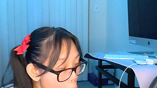 Hot Nerdy Asian Giving Handjob and Blowjob for Extra Credit - Huge Facial Cumshot
