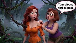 Two stunning women lose their clothes in a dark swamp searching for their friend and end up naked in the mud (AI generated)