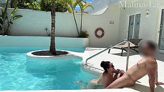 at the nudist pool, foreign sperm swallowed