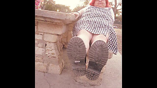 Hog warts Jumper and crazy spike boots in a local park flashing