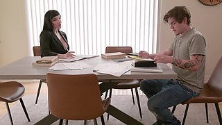 Brunette MILF Tyler Cruise teases with her big naturals before deepthroating and slurping cock