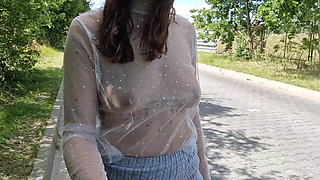 I Walk Around the City in a Transparent T-shirt and Flash My Breasts Outdoor