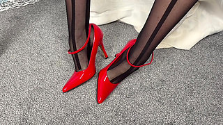 Mrs Mature Feet wearing sheer Black Body Stocking and Latex Bra